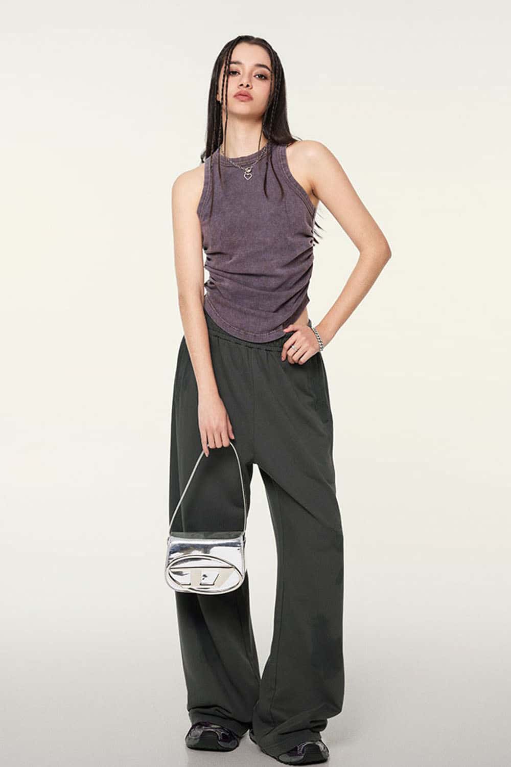 Ruched Asymmetric-Hem Fitted Cotton-Blend Sleeveless Top in Grape Purple - full-length front modeled view