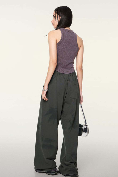 Ruched Asymmetric-Hem Fitted Cotton-Blend Sleeveless Top in Grape Purple - full-length back modeled view