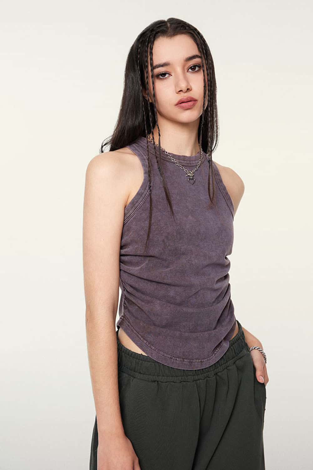 Ruched Asymmetric-Hem Fitted Cotton-Blend Sleeveless Top in Grape Purple - front modeled close-up