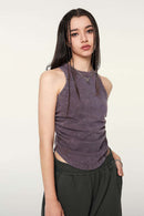 Ruched Asymmetric-Hem Fitted Cotton-Blend Sleeveless Top in Grape Purple - front modeled close-up