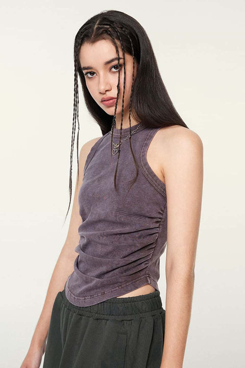 Ruched Asymmetric-Hem Fitted Cotton-Blend Sleeveless Top in Grape Purple - three-quarter front modeled view