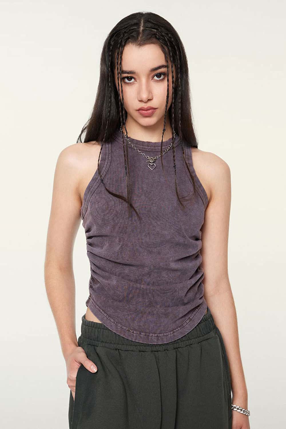 Ruched Asymmetric-Hem Fitted Cotton-Blend Sleeveless Top in Grape Purple - front modeled close-up