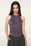 Ruched Asymmetric-Hem Fitted Cotton-Blend Sleeveless Top in Grape Purple - front modeled close-up