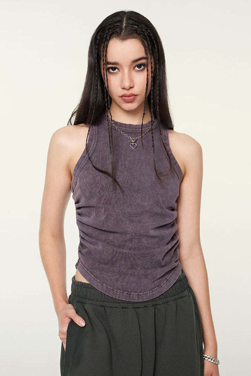 Ruched Asymmetric-Hem Fitted Cotton-Blend Sleeveless Top in Grape Purple - front modeled close-up