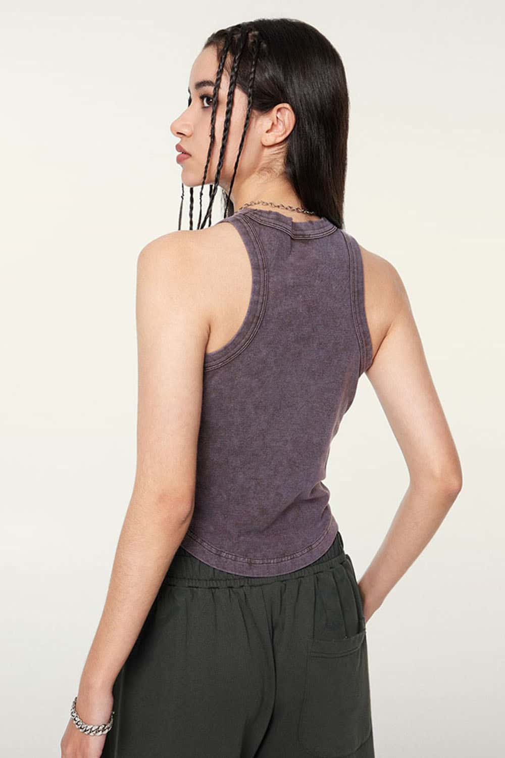 Ruched Asymmetric-Hem Fitted Cotton-Blend Sleeveless Top in Grape Purple - back modeled close-up
