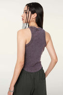 Ruched Asymmetric-Hem Fitted Cotton-Blend Sleeveless Top in Grape Purple - back modeled close-up