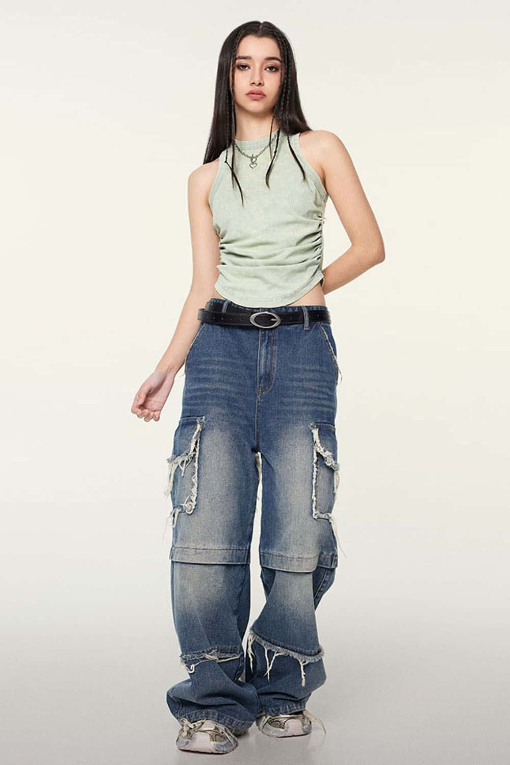 Ruched Asymmetric-Hem Fitted Cotton-Blend Sleeveless Top in Haze Blue - full-length front modeled view