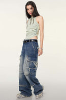 Ruched Asymmetric-Hem Fitted Cotton-Blend Sleeveless Top in Haze Blue - full-length front modeled view