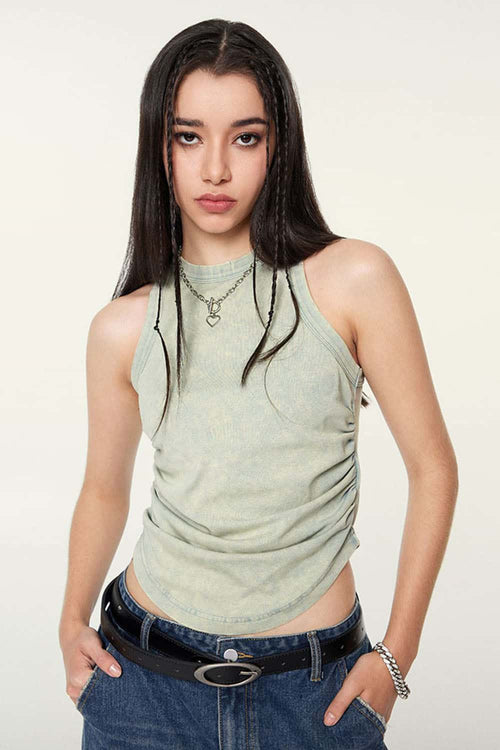 Ruched Asymmetric-Hem Fitted Cotton-Blend Sleeveless Top in Haze Blue - front modeled close-up