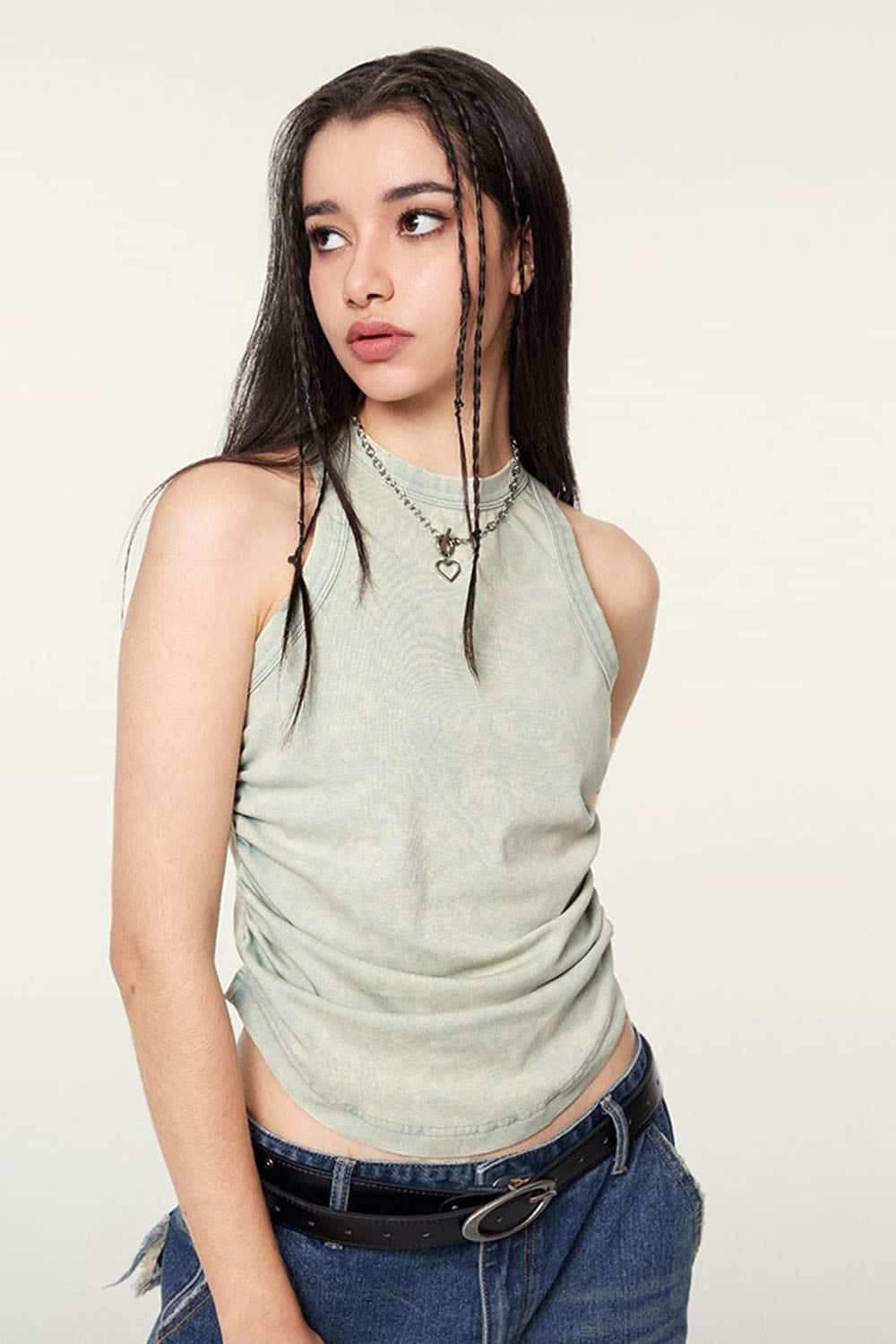 Ruched Asymmetric-Hem Fitted Cotton-Blend Sleeveless Top in Haze Blue - three-quarter front modeled view