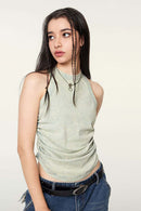 Ruched Asymmetric-Hem Fitted Cotton-Blend Sleeveless Top in Haze Blue - three-quarter front modeled view