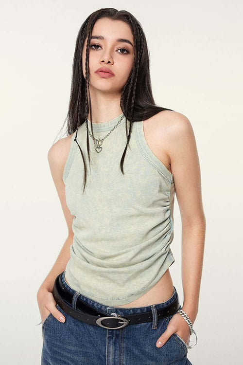 Ruched Asymmetric-Hem Fitted Cotton-Blend Sleeveless Top in Haze Blue - front modeled close-up