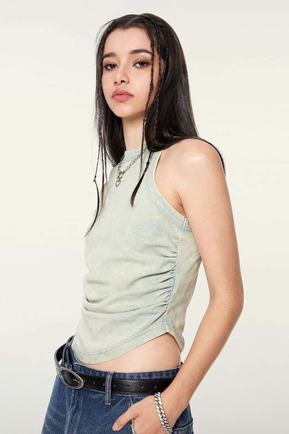Ruched Asymmetric-Hem Fitted Cotton-Blend Sleeveless Top in Haze Blue - three-quarter front modeled view