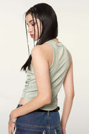 Ruched Asymmetric-Hem Fitted Cotton-Blend Sleeveless Top in Haze Blue - back modeled close-up
