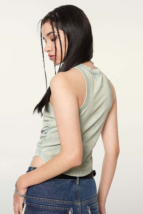 Ruched Asymmetric-Hem Fitted Cotton-Blend Sleeveless Top in Haze Blue - back modeled close-up