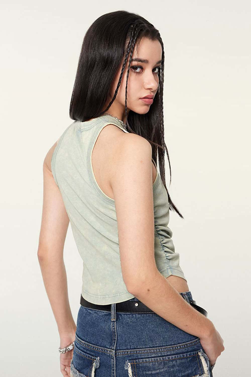 Ruched Asymmetric-Hem Fitted Cotton-Blend Sleeveless Top in Haze Blue - back modeled close-up