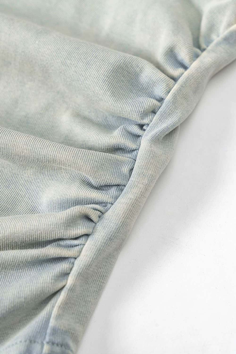 Ruched Asymmetric-Hem Fitted Cotton-Blend Sleeveless Top in Haze Blue - hem detail