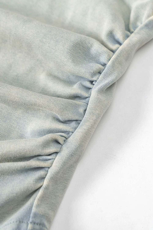 Ruched Asymmetric-Hem Fitted Cotton-Blend Sleeveless Top in Haze Blue - hem detail