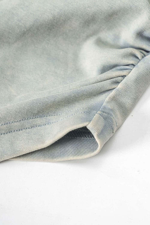 Ruched Asymmetric-Hem Fitted Cotton-Blend Sleeveless Top in Haze Blue - hem detail