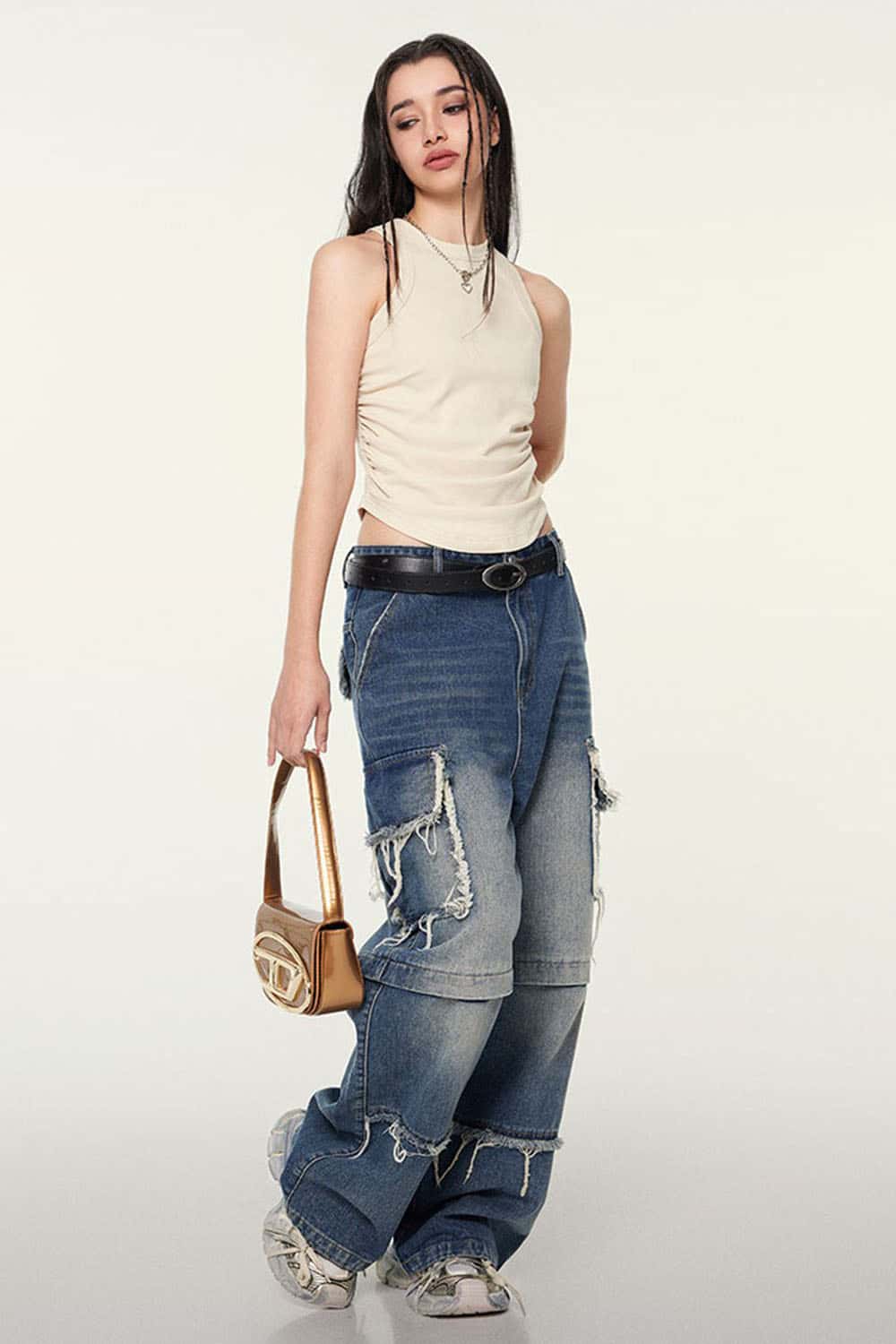 Ruched Asymmetric-Hem Fitted Cotton-Blend Sleeveless Top in Slate Rice - full-length front modeled view