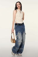 Ruched Asymmetric-Hem Fitted Cotton-Blend Sleeveless Top in Slate Rice - full-length front modeled view