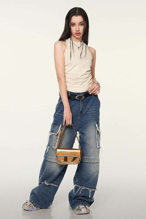 Ruched Asymmetric-Hem Fitted Cotton-Blend Sleeveless Top in Slate Rice - full-length front modeled view