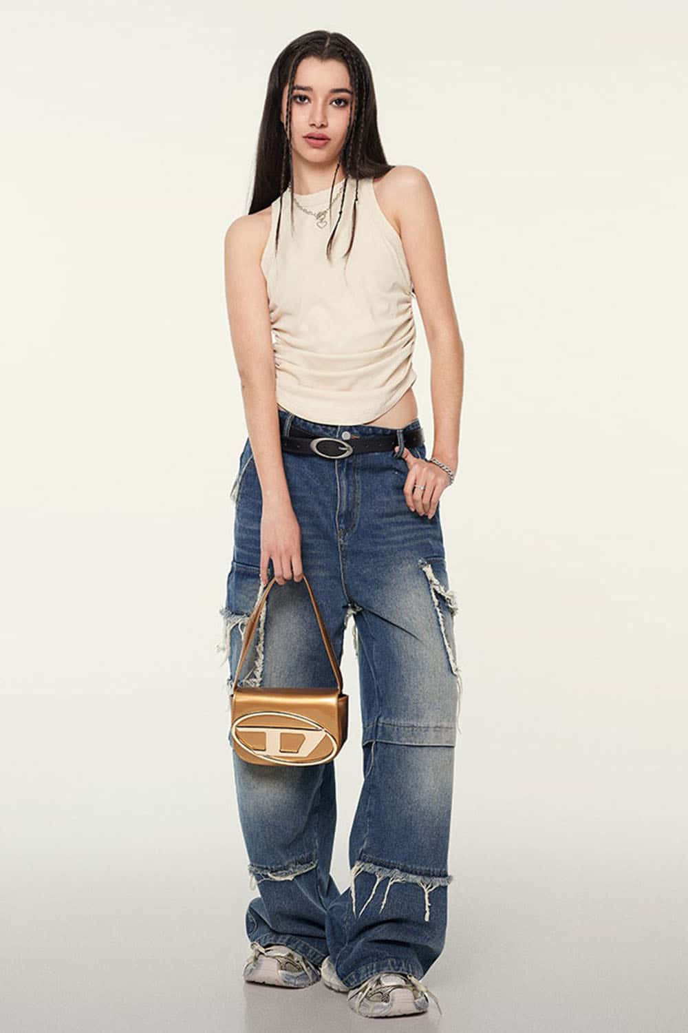Ruched Asymmetric-Hem Fitted Cotton-Blend Sleeveless Top in Slate Rice - full-length front modeled view