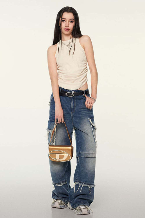 Ruched Asymmetric-Hem Fitted Cotton-Blend Sleeveless Top in Slate Rice - full-length front modeled view