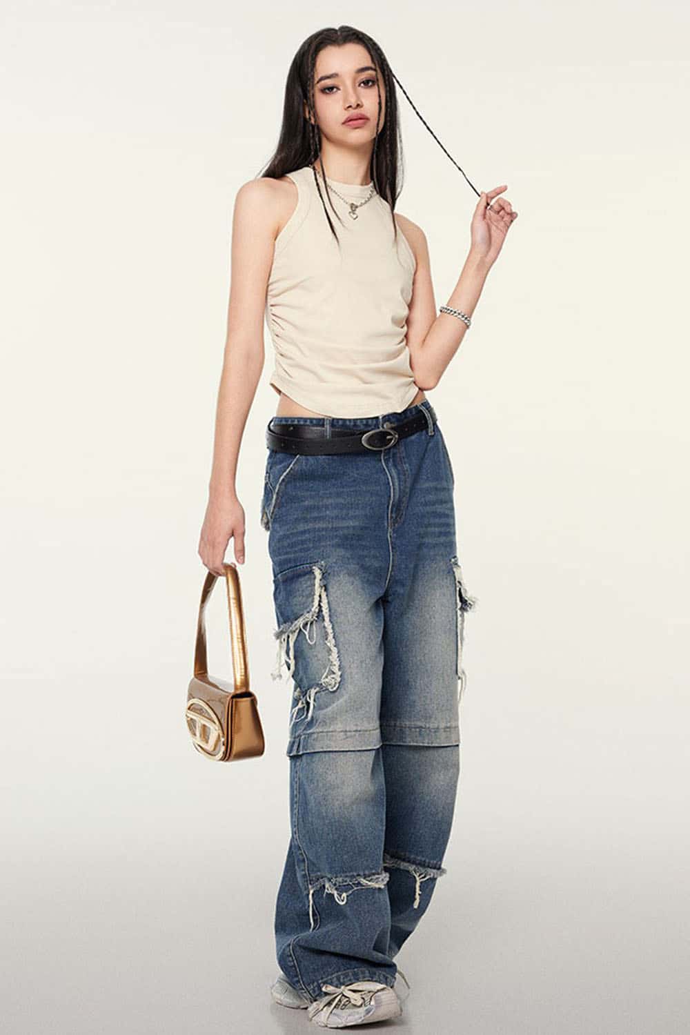 Ruched Asymmetric-Hem Fitted Cotton-Blend Sleeveless Top in Slate Rice - full-length front modeled view
