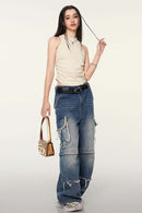 Ruched Asymmetric-Hem Fitted Cotton-Blend Sleeveless Top in Slate Rice - full-length front modeled view