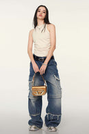 Ruched Asymmetric-Hem Fitted Cotton-Blend Sleeveless Top in Slate Rice - full-length front modeled view