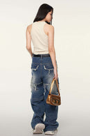 Ruched Asymmetric-Hem Fitted Cotton-Blend Sleeveless Top in Slate Rice - full-length back modeled view