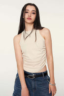 Ruched Asymmetric-Hem Fitted Cotton-Blend Sleeveless Top in Slate Rice - front modeled close-up