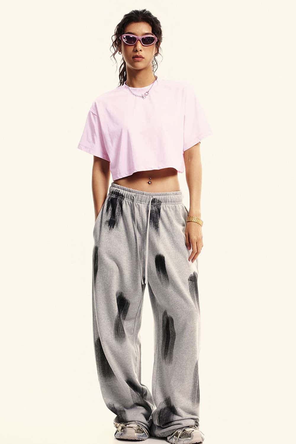 Cool-Touch Quick-Drying Sorona Cropped T-Shirt in Pink - full-length front modeled view