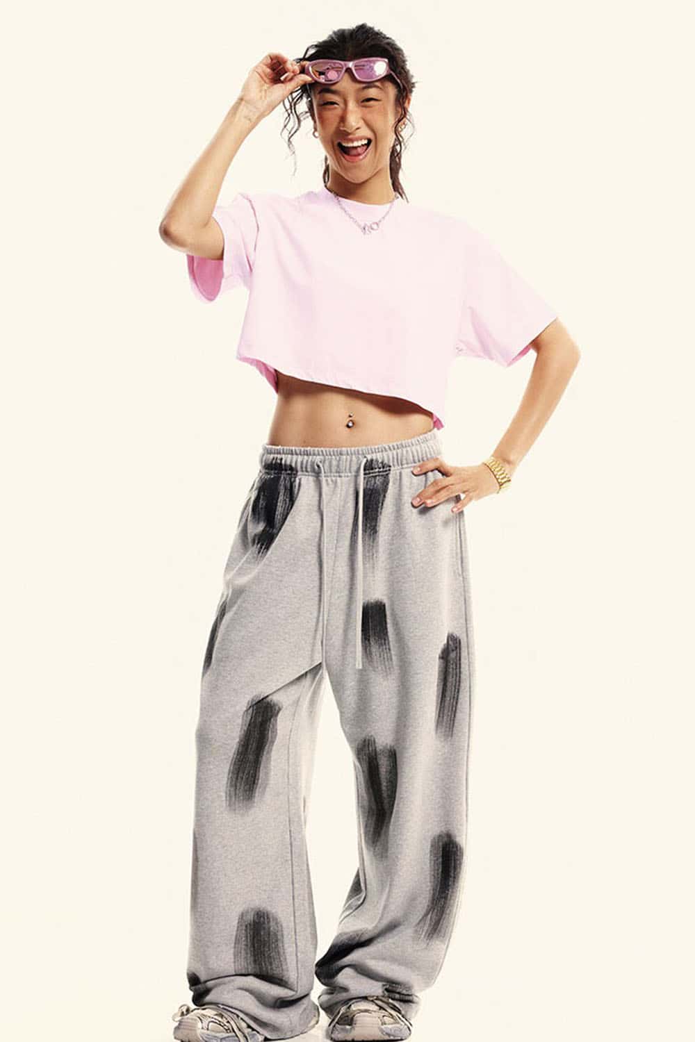Cool-Touch Quick-Drying Sorona Cropped T-Shirt in Pink - full-length front modeled view
