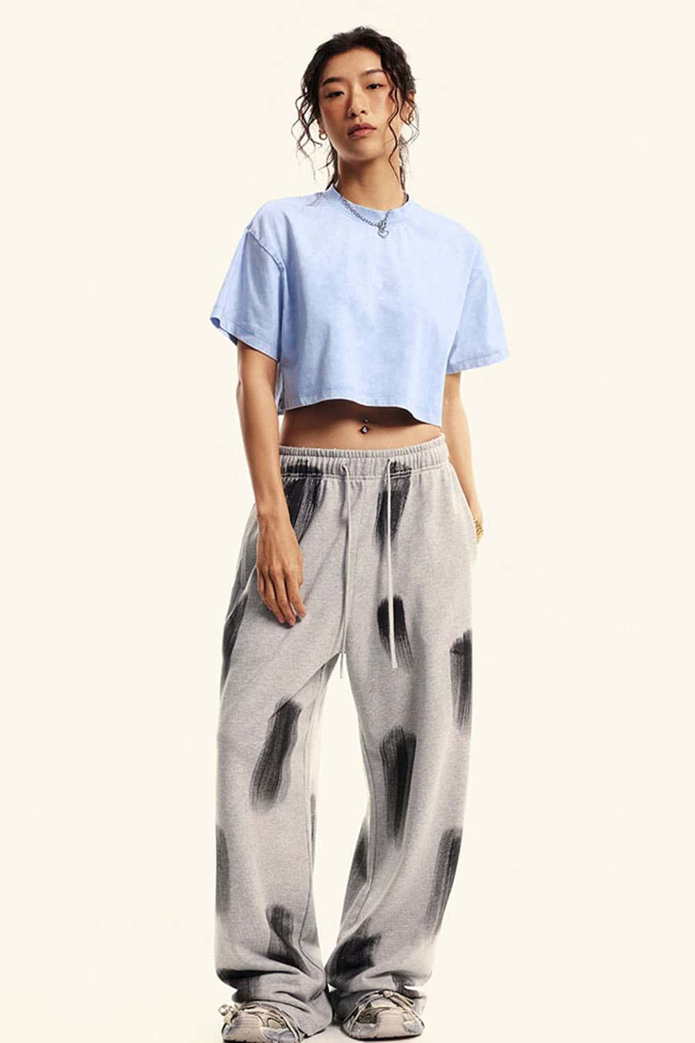 Cool-Touch Quick-Drying Sorona Cropped T-Shirt in Sky Blue - full-length front modeled view