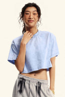 Cool-Touch Quick-Drying Sorona Cropped T-Shirt in Sky Blue - front modeled close-up