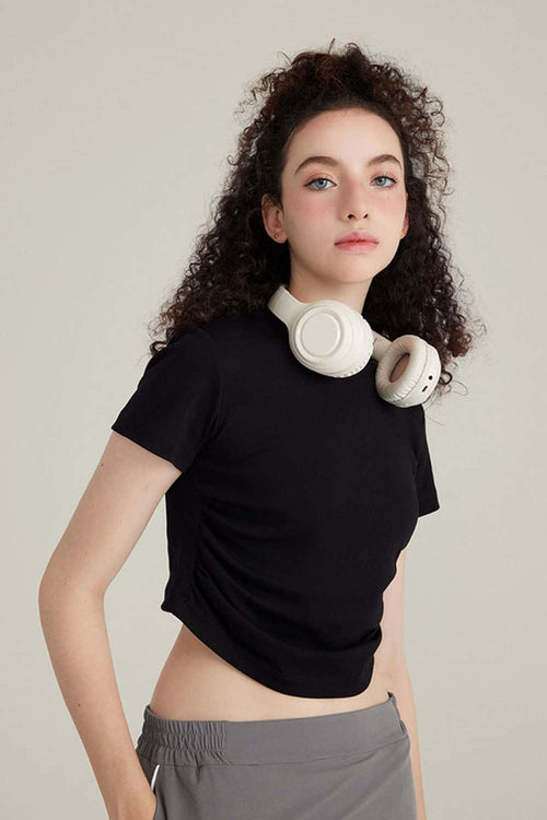 Premium Ruched Waist Active Tee - Black