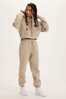 Vintage Washed Cropped Fleece Hoodie - Khaki