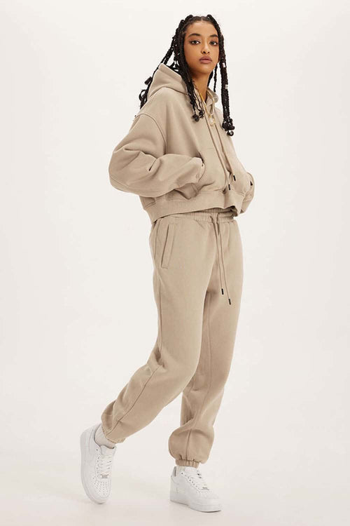 Vintage Washed Cropped Fleece Hoodie - Khaki