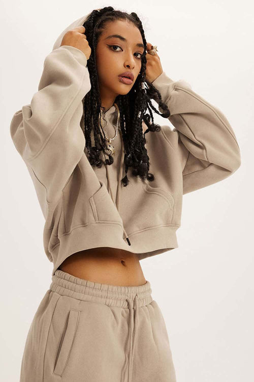 Vintage Washed Cropped Fleece Hoodie - Khaki