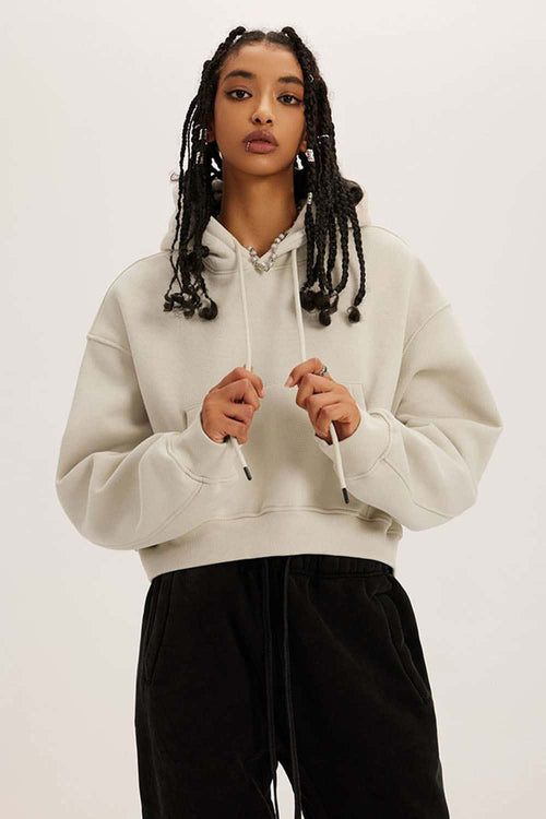 Vintage Washed Cropped Fleece Hoodie - Gray Apricot