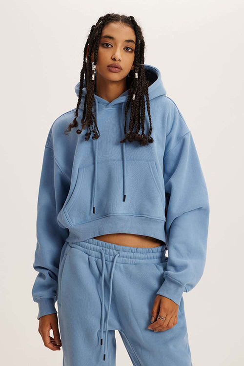 Vintage Washed Cropped Fleece Hoodie - Smalt