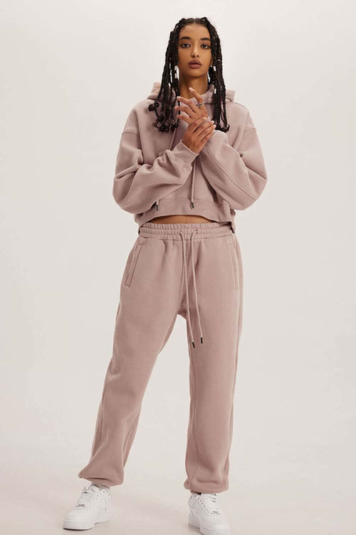 Vintage Washed Cropped Fleece Hoodie - Grayish Pink