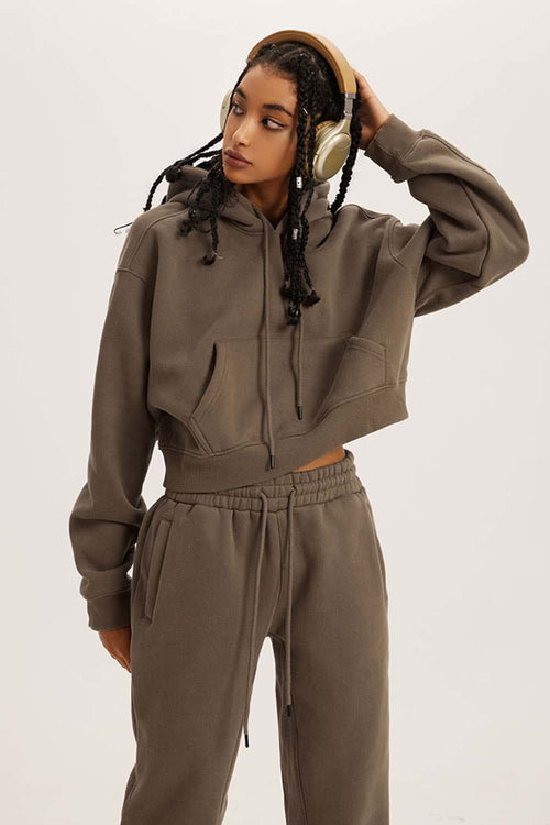 Vintage Washed Cropped Fleece Hoodie - Brown