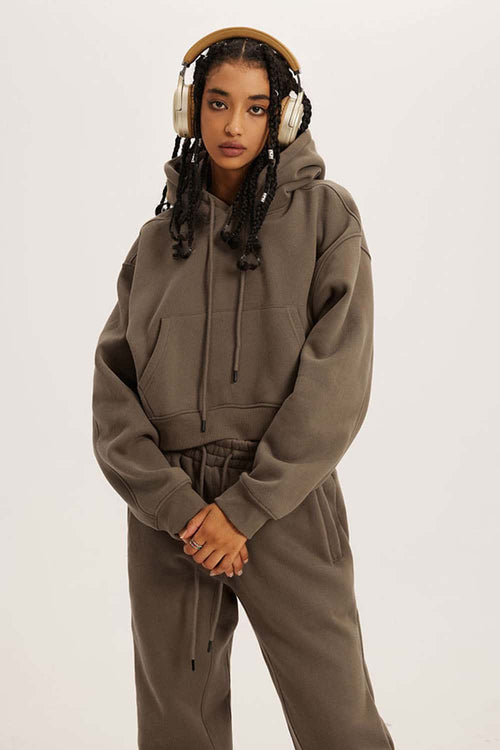 Vintage Washed Cropped Fleece Hoodie - Brown