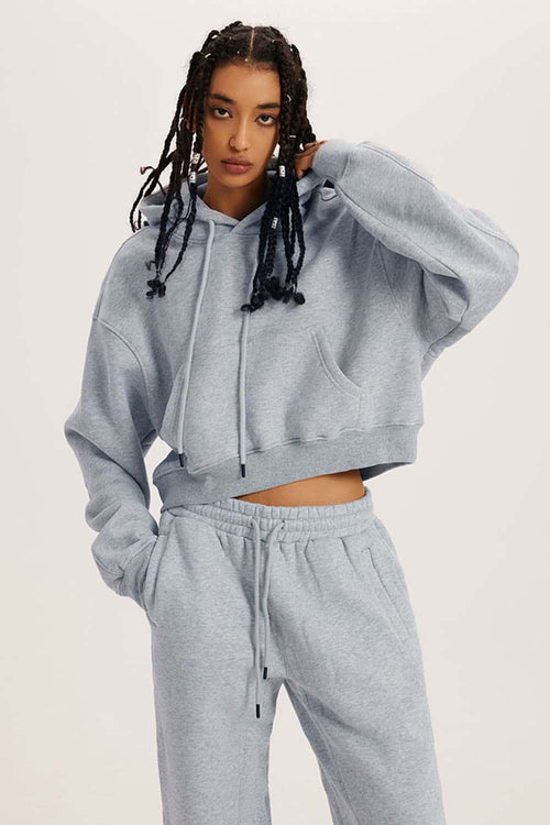 Vintage Washed Cropped Fleece Hoodie - Flower Gray