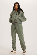 Vintage Washed Cropped Fleece Hoodie - Grayish Green