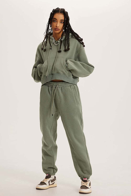 Vintage Washed Cropped Fleece Hoodie - Grayish Green