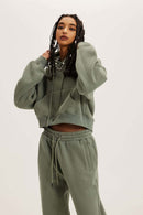 Vintage Washed Cropped Fleece Hoodie - Grayish Green